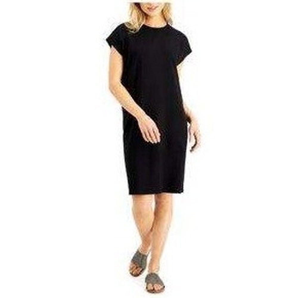 Eileen Fisher Black Tencel‎ Lyocell Cap Sleeve Tunic Dress M Minimalist Casual